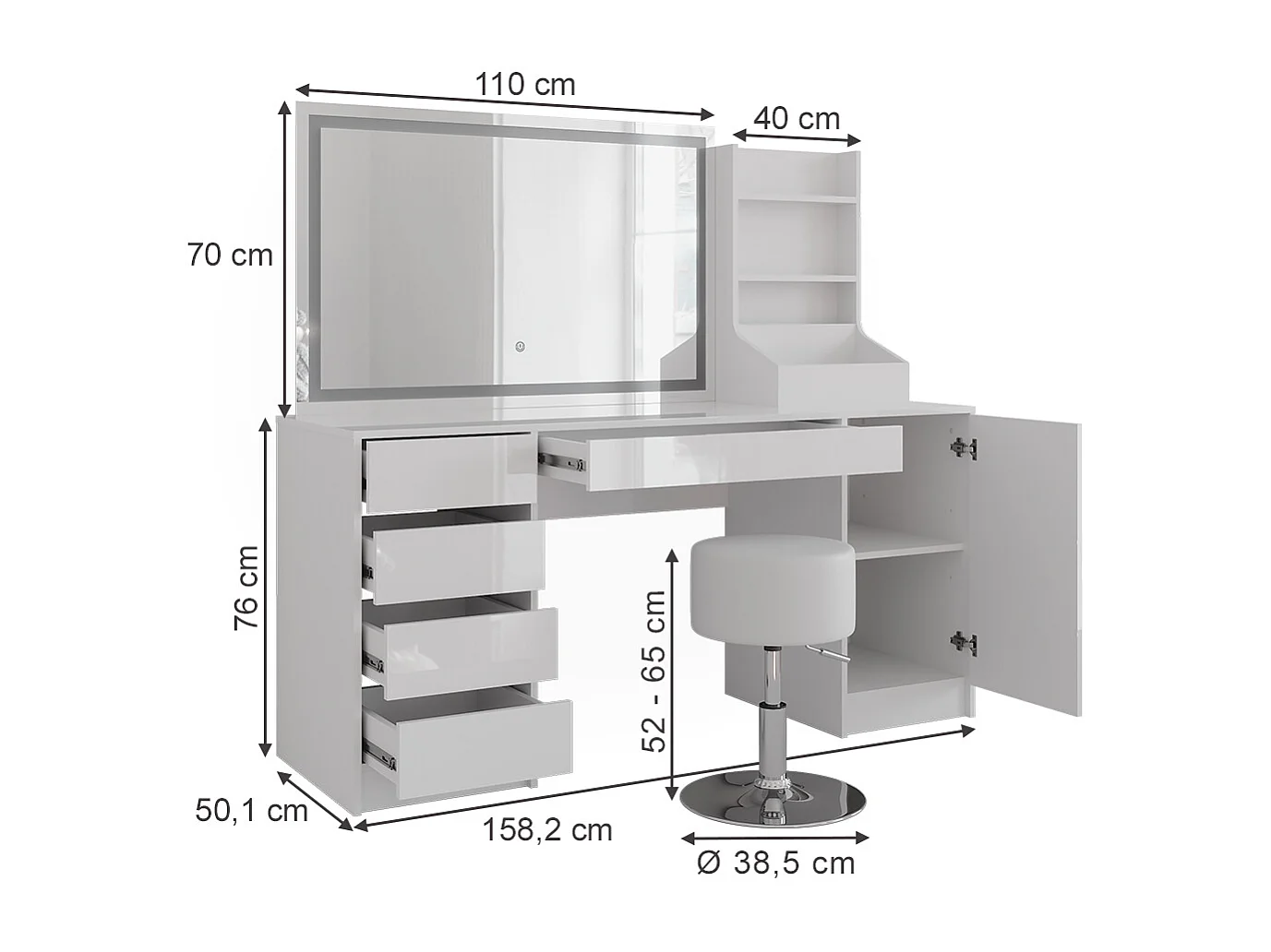 Kaptafel set met kruk wit/wit hoogglans 158.2x50.1x76 sherry