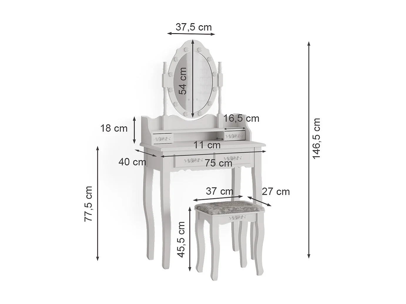 Vanity table white 75x40x146.5 maggie
