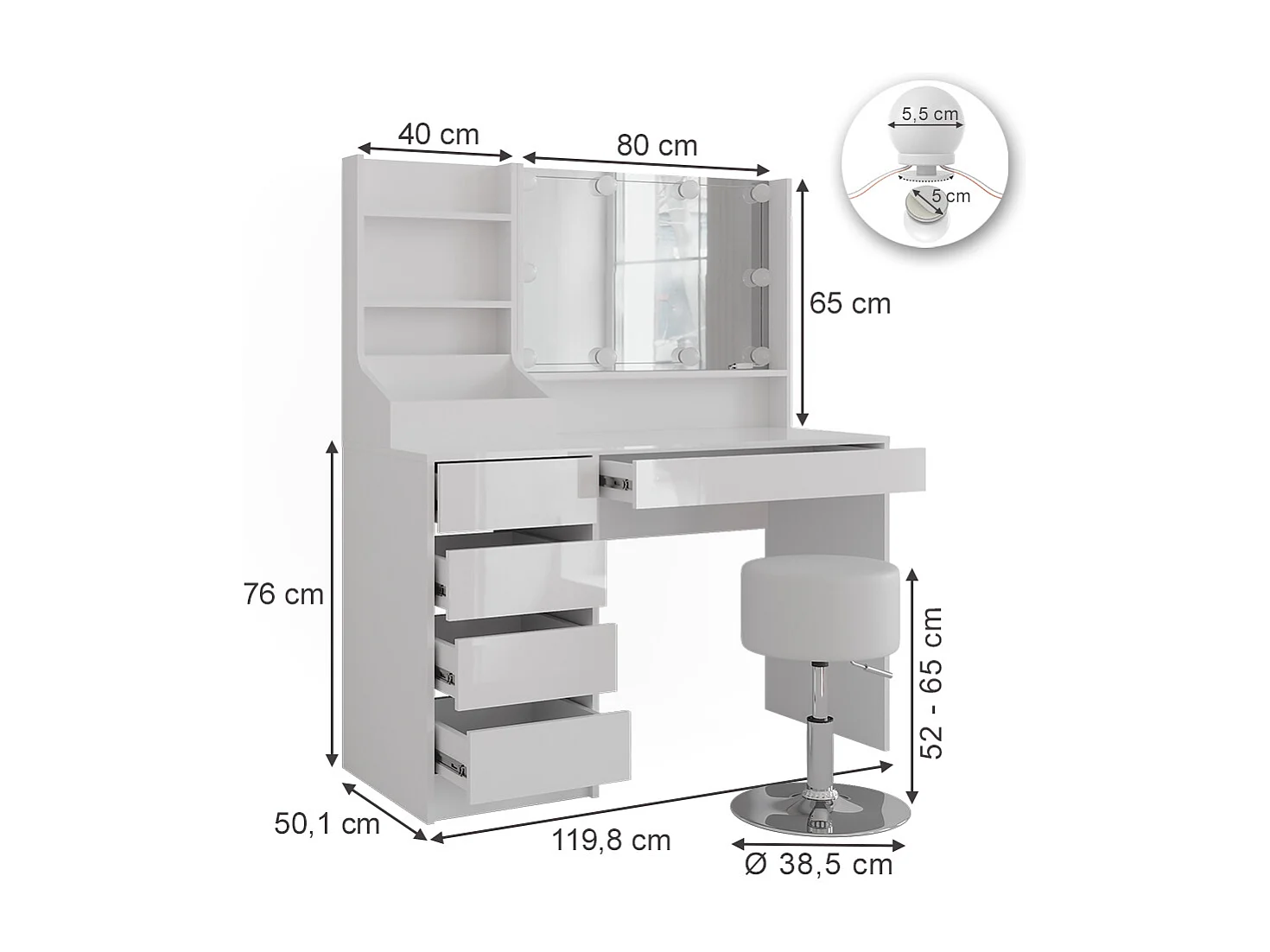Kaptafel set met kruk wit/wit hoogglans 119.8x50.1x76 sherry