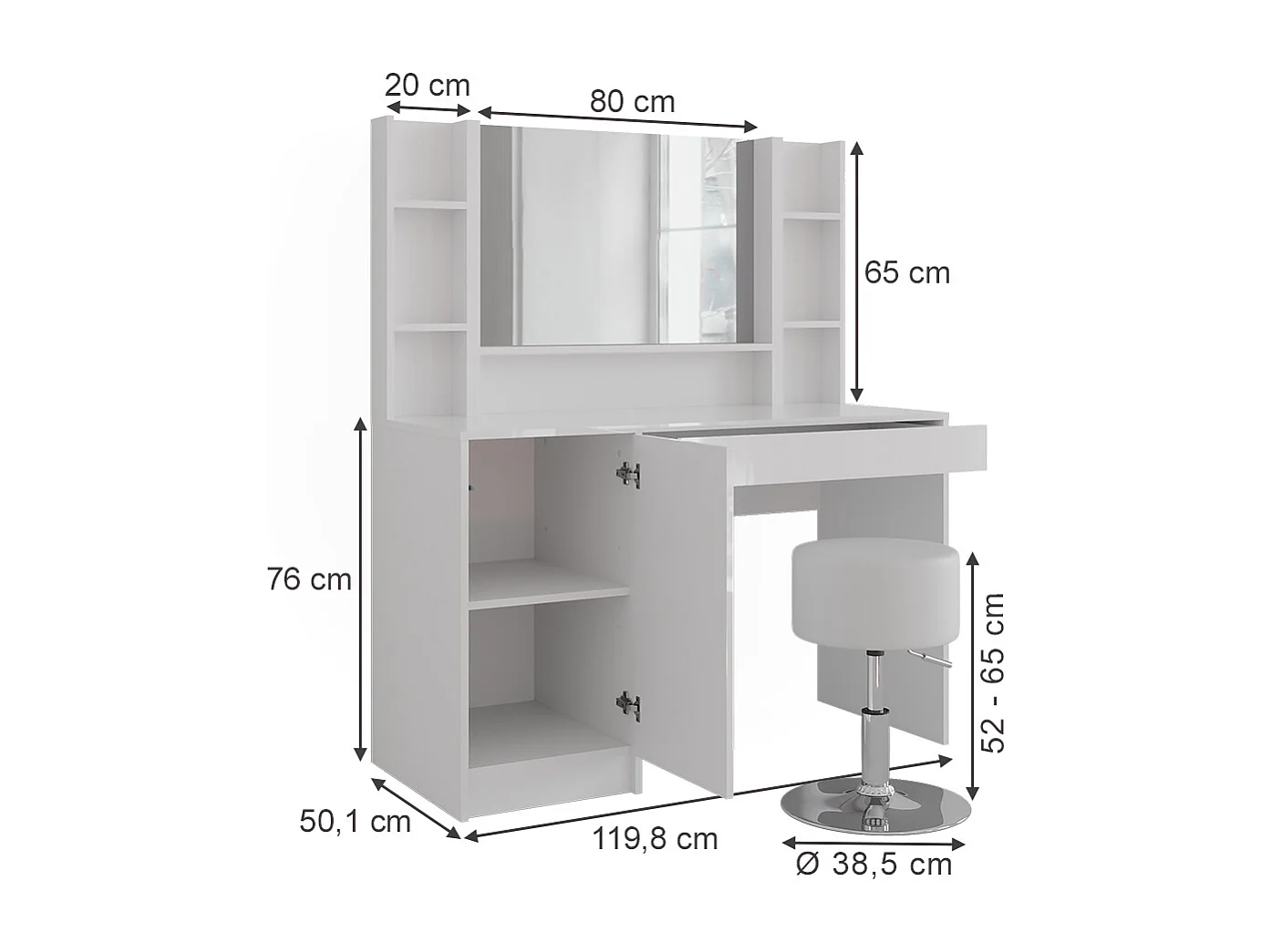 Schminktisch weiß/weiß hochglanz 119.8x50.1x76 sherry