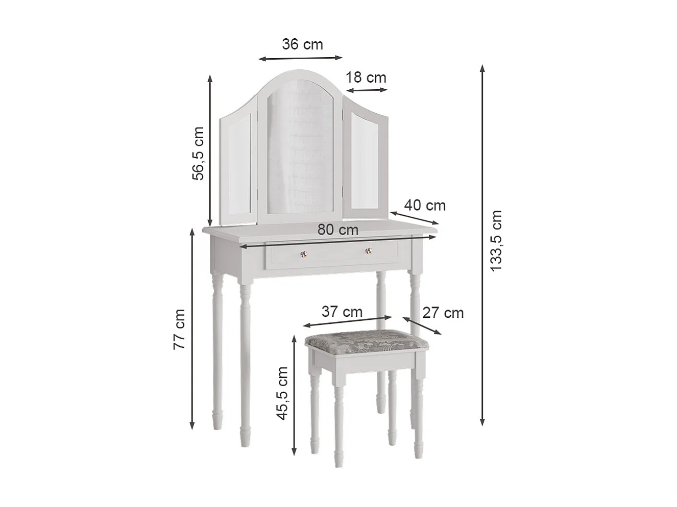 Makeupbord hvid 80x40x133.5 kate