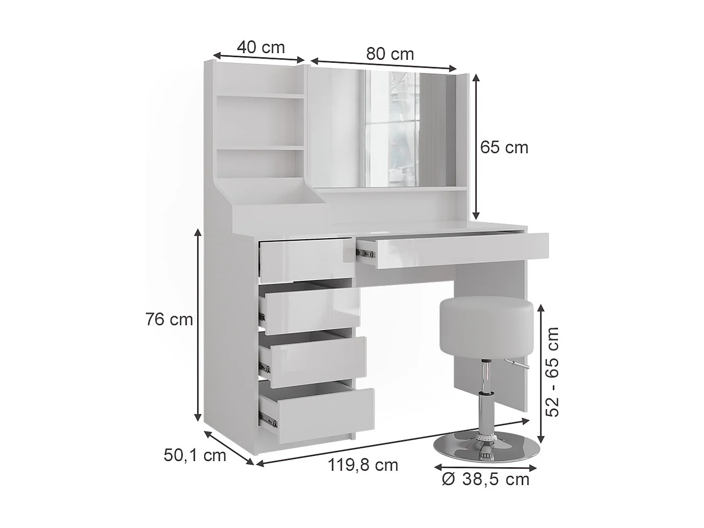 Schminktisch weiß/weiß hochglanz 119.8x50.1x76 sherry