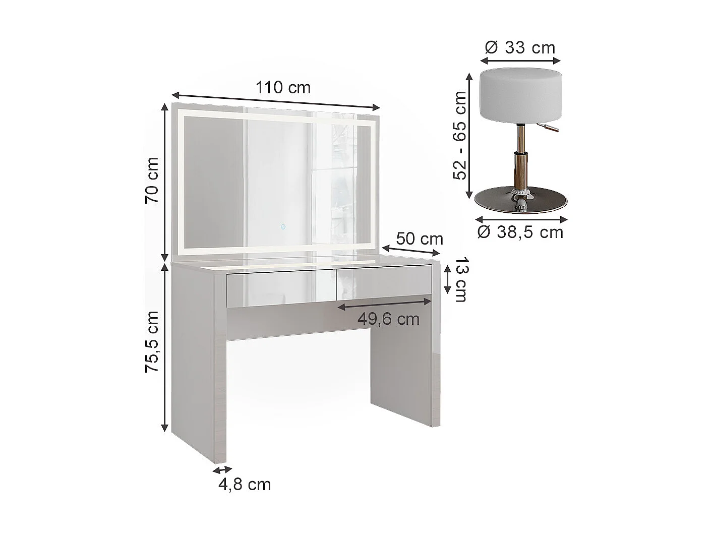 Frisørbord hvid højglans/hvid 110x50x75.5 annabelle