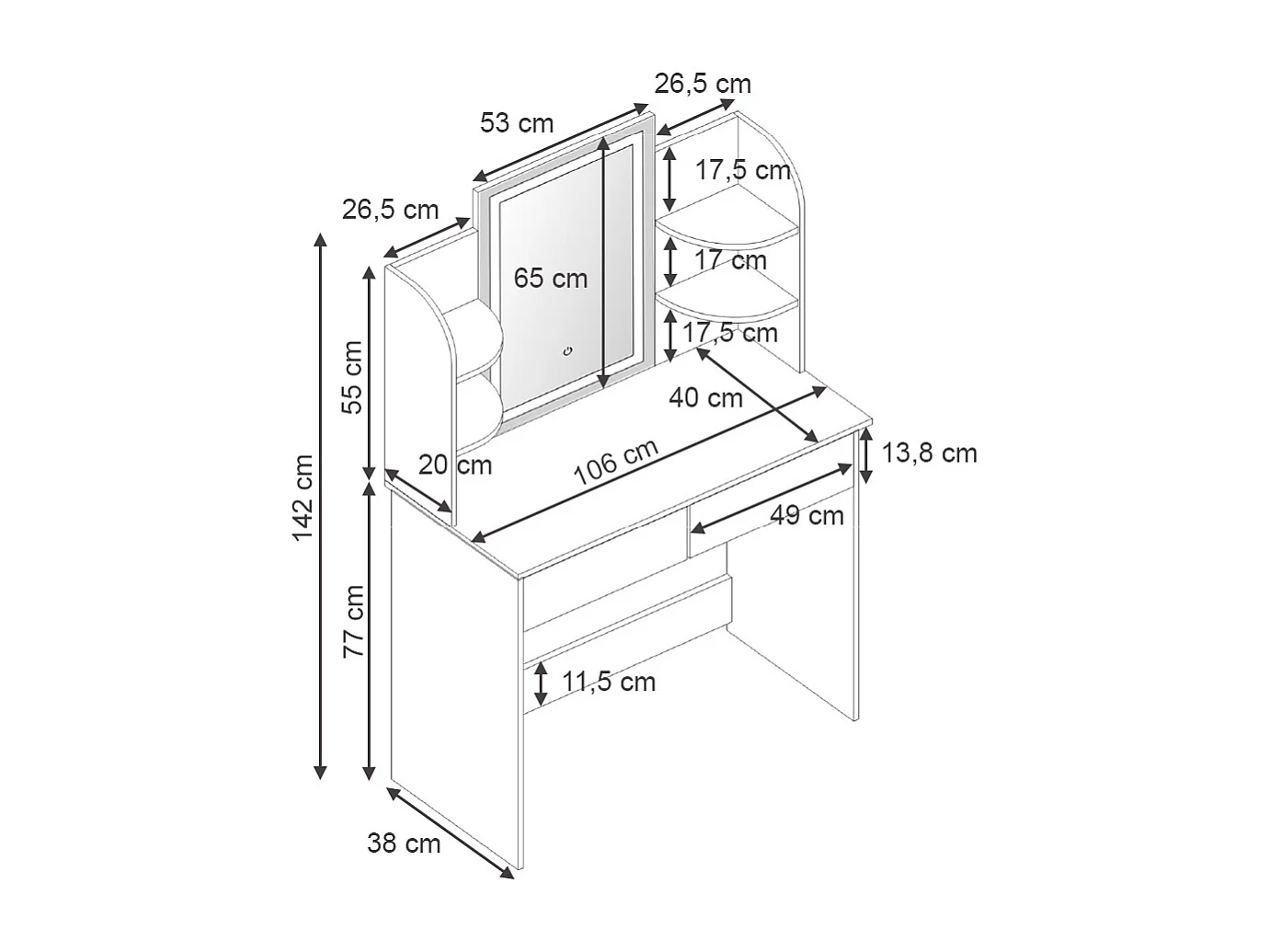 Schminktisch weiß 106x40x142 charlotte