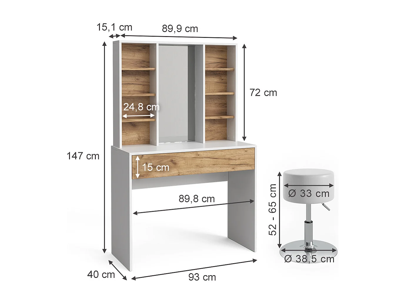 Coiffeuse chêne doré/blanc 93x40x147 alexa
