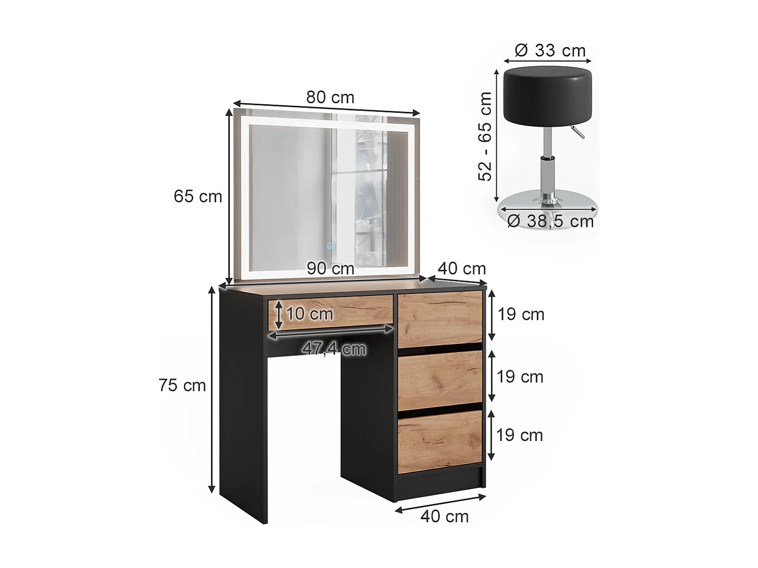 Dressing table anthracite/golden oak 90x40x75 sherry