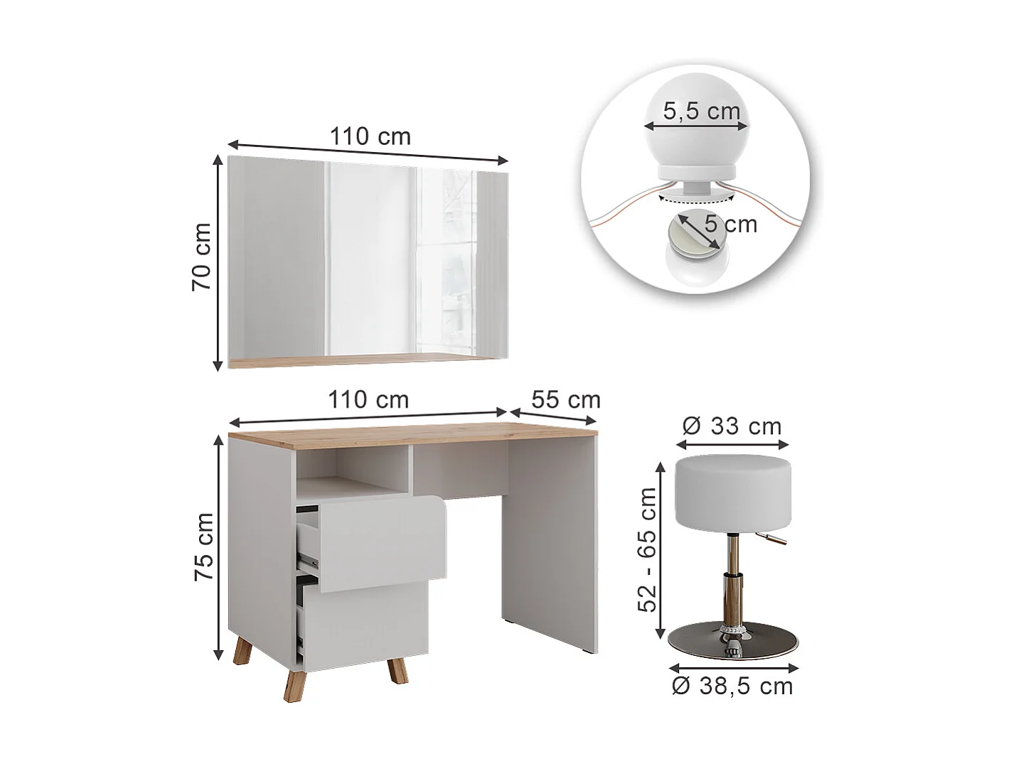 Coiffeuse blanc/artisan 110x55x75 karen