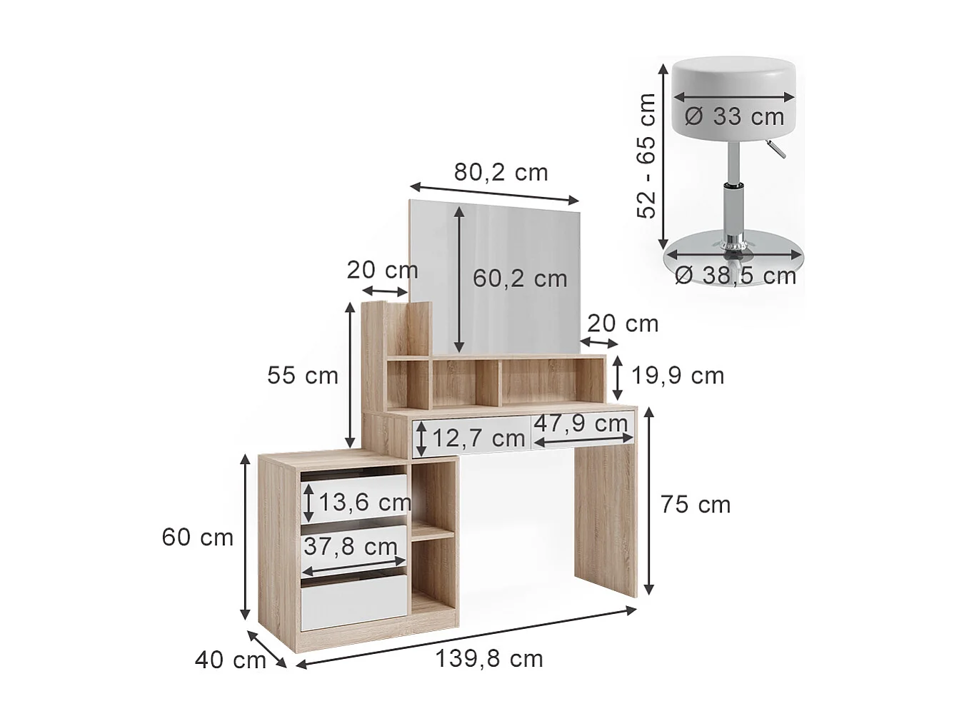Coiffeuse blanc/sonoma 139.8x40x115 anja
