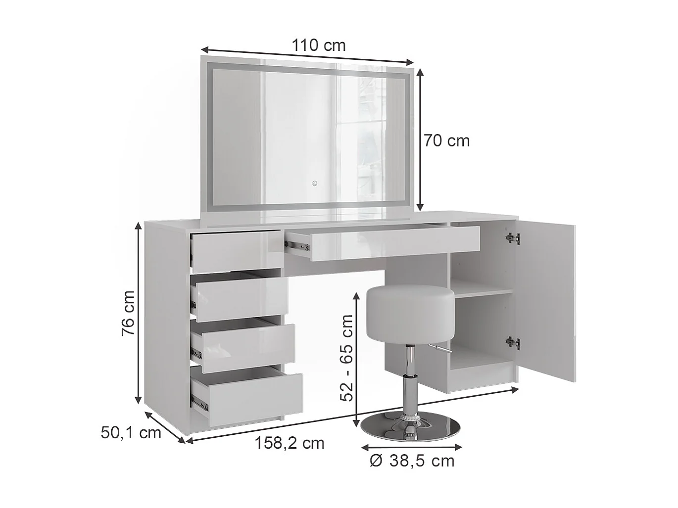 Vanity table white/white high gloss 158.2x50.1x76 sherry