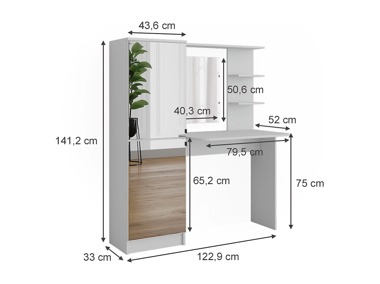 Frisørbord  hvid 123x33x141.2 jasmin