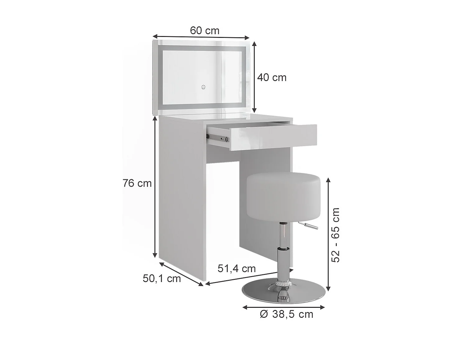 Schminktisch weiß/weiß hochglanz 51.4x50.1x76 sherry