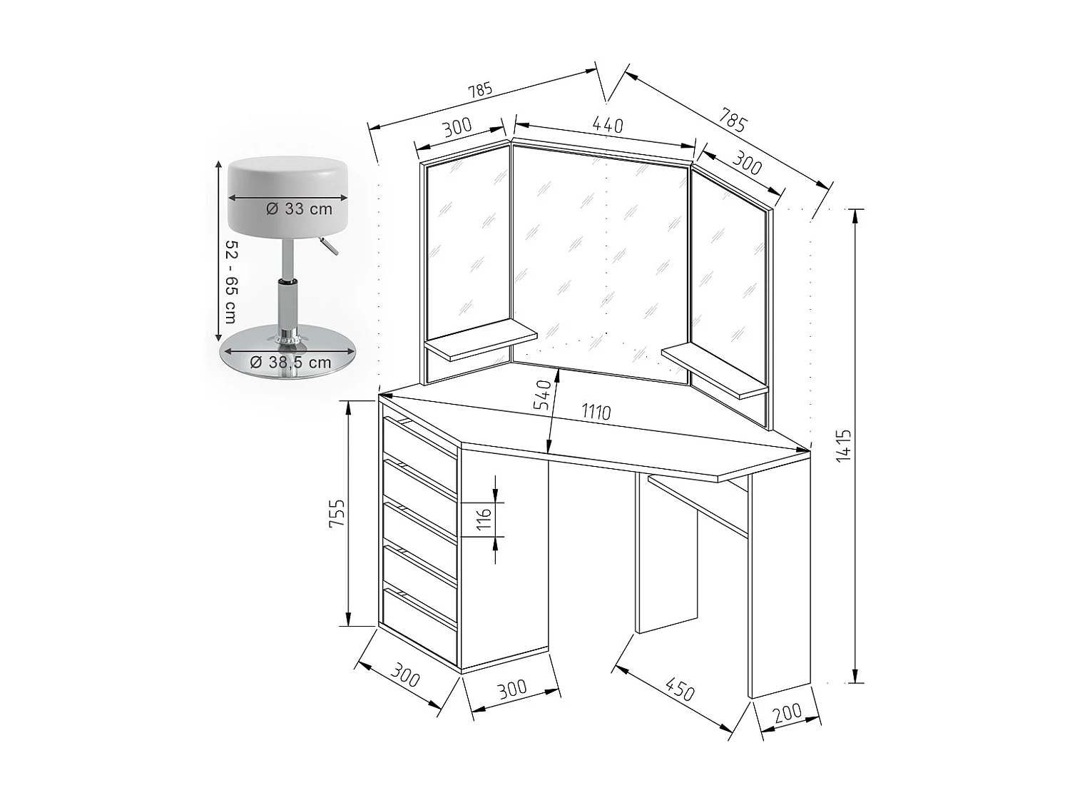 Tocador de esquina blanco/sonoma 110x54x141.5 arielle