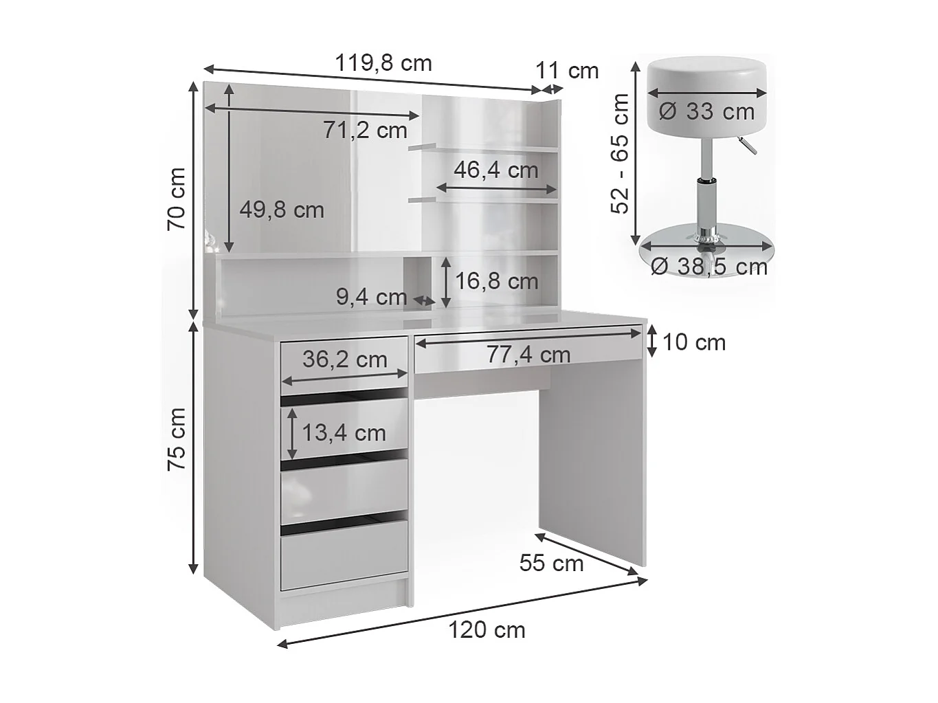 Makeupbord hvid 120x55x145 sherry