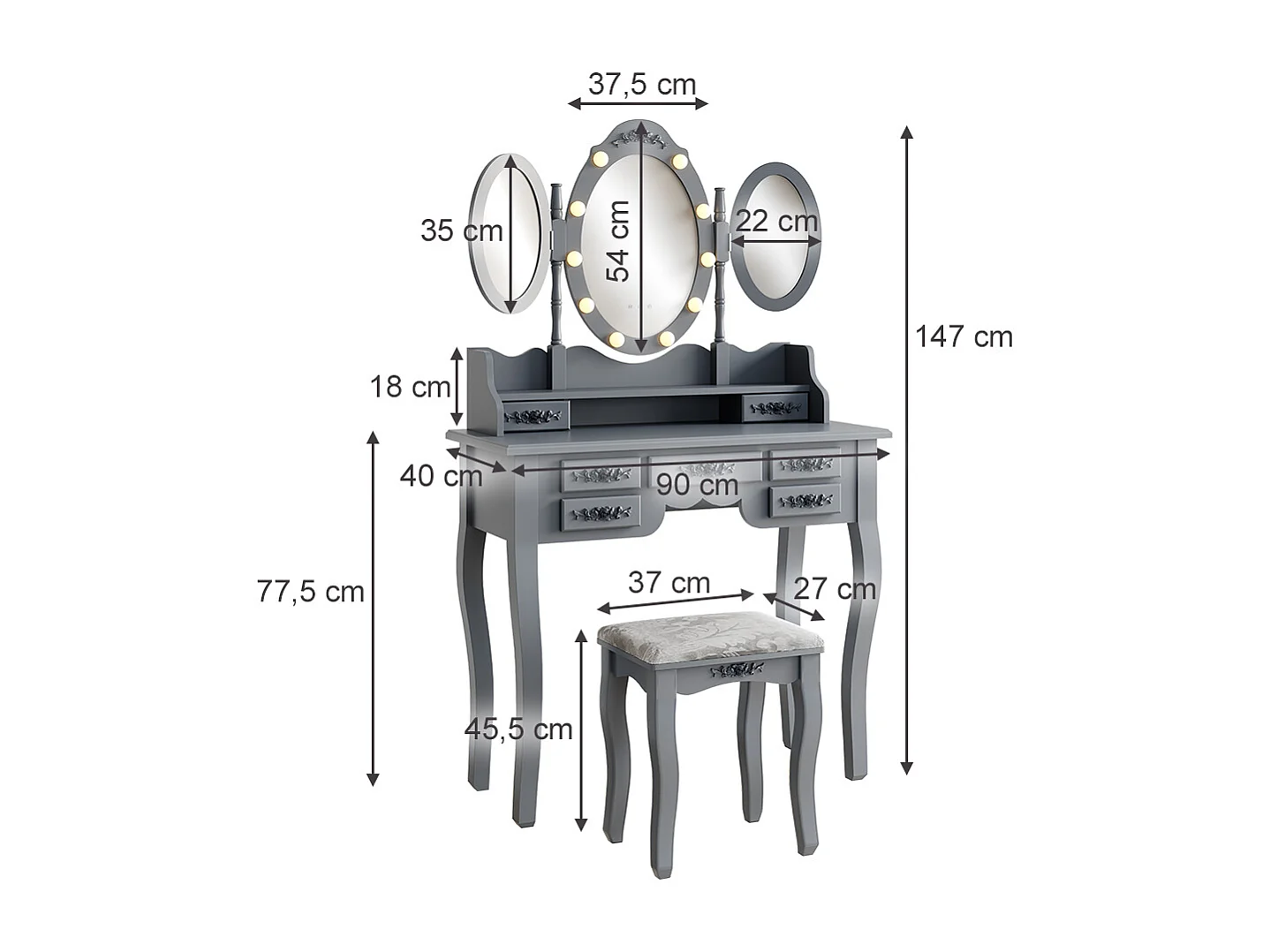 Schminktisch grau 90x40x147 diana