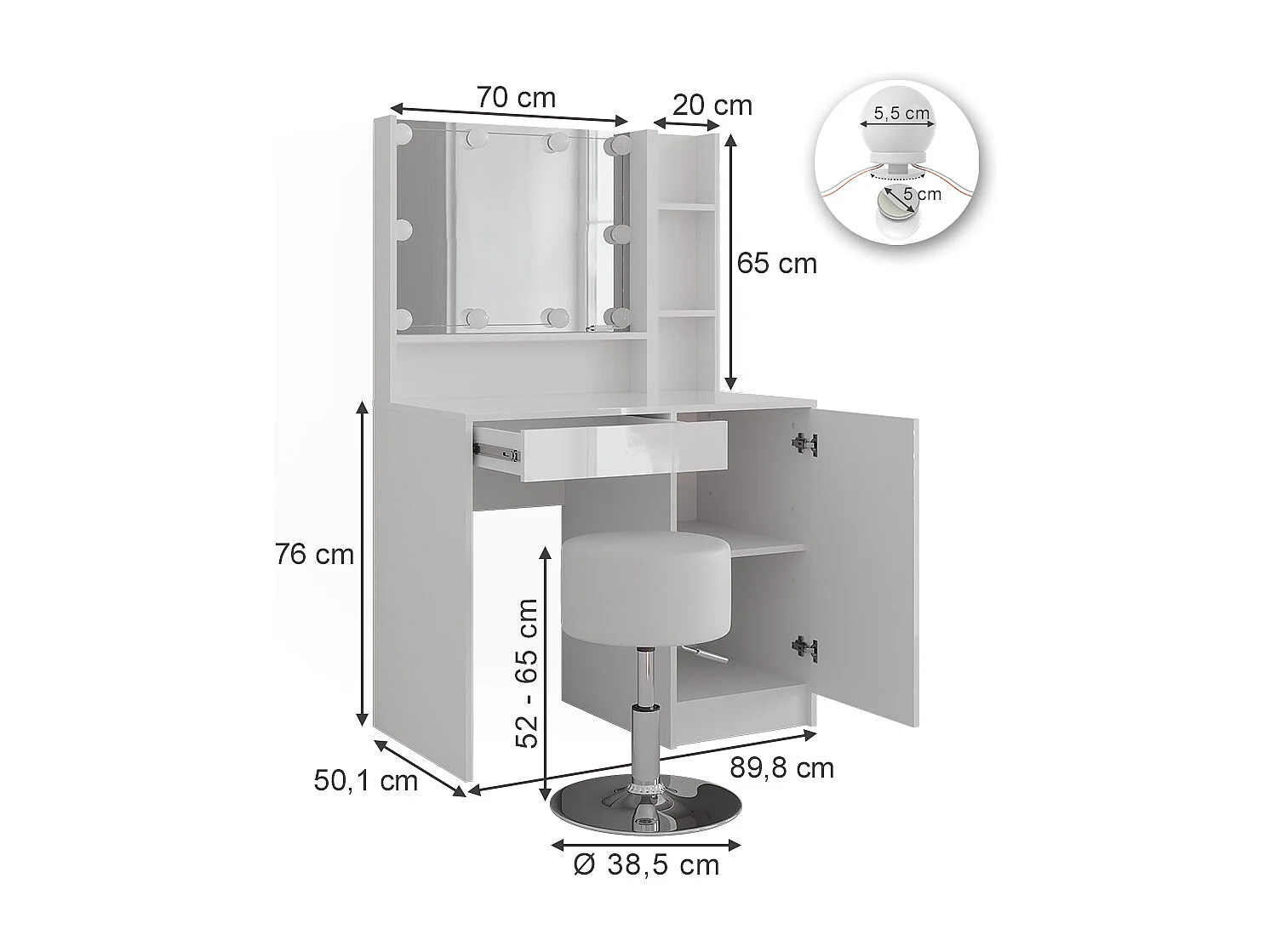 Schminktisch weiß/weiß hochglanz 89.8x50.1x76 sherry