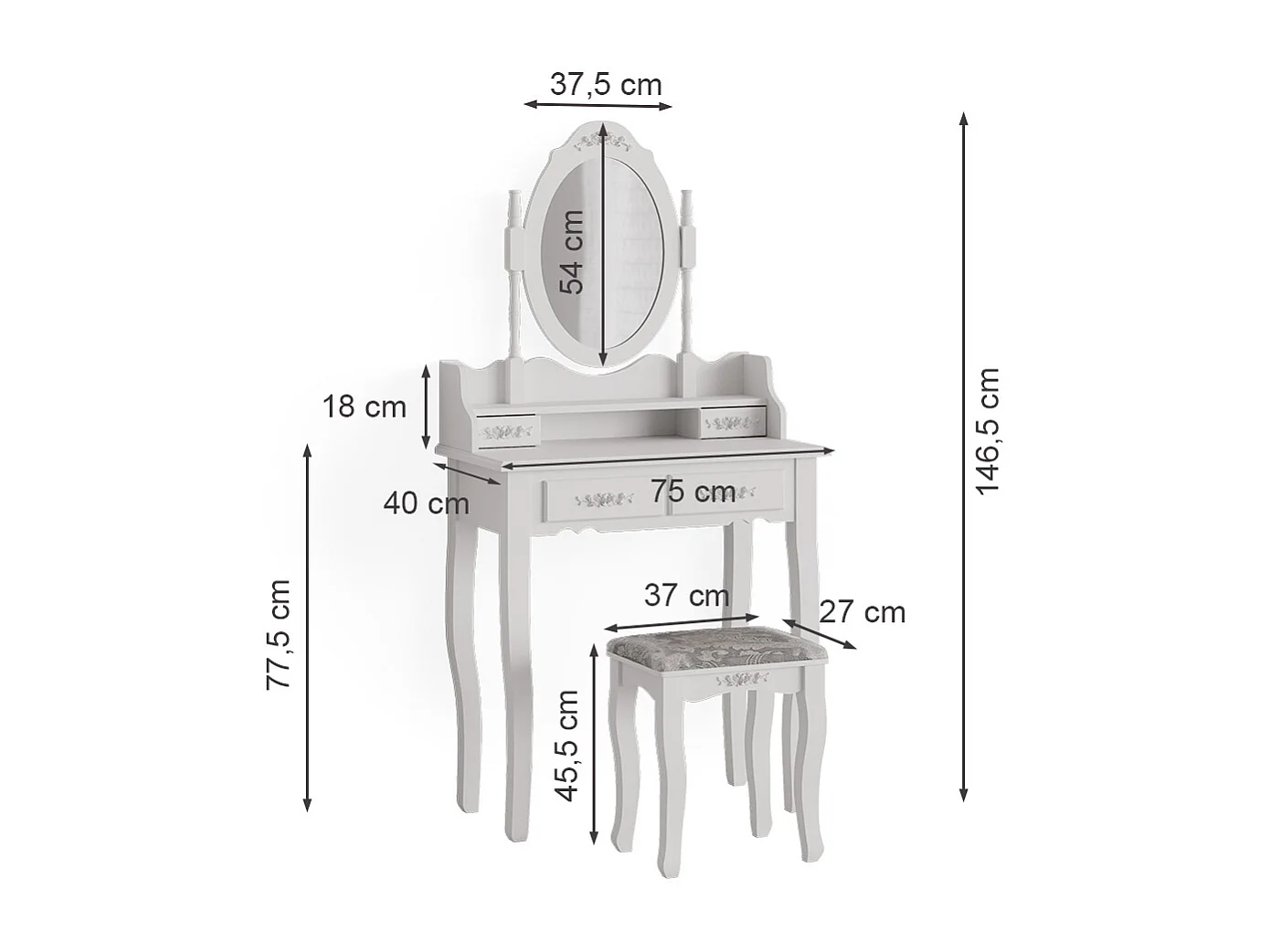 Coiffeuse blanc 75x40x146.5 meghan