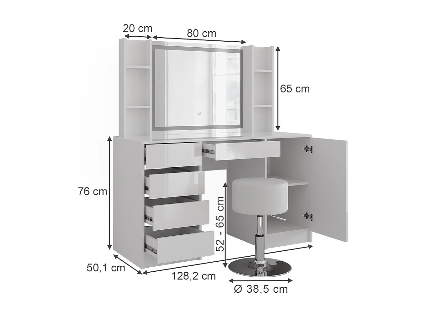 Kaptafel set met kruk wit/wit hoogglans 128.2x50.1x76 sherry