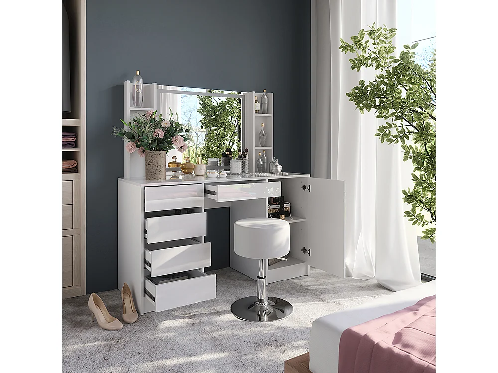 Kaptafel set met kruk wit/wit hoogglans 128.2x50.1x76 sherry