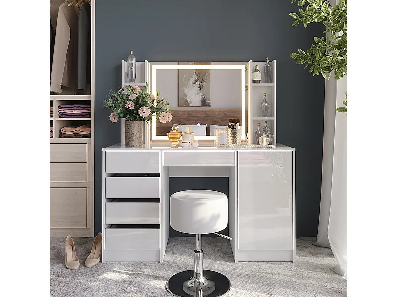 Kaptafel set met kruk wit/wit hoogglans 128.2x50.1x76 sherry