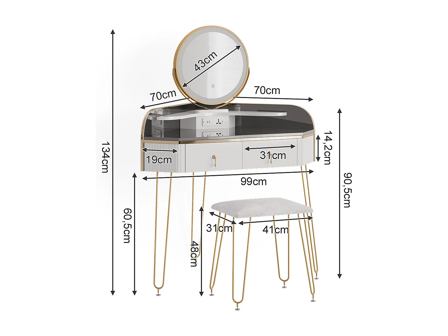 Coiffeuse blanc haute brillance 99x70x134 amira