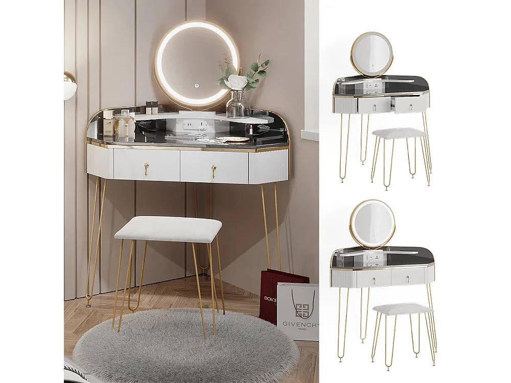 Corner vanity table white high gloss 99x70x134 amira