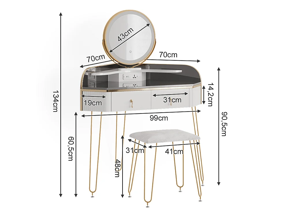 Corner vanity table white high gloss 99x70x134 amira