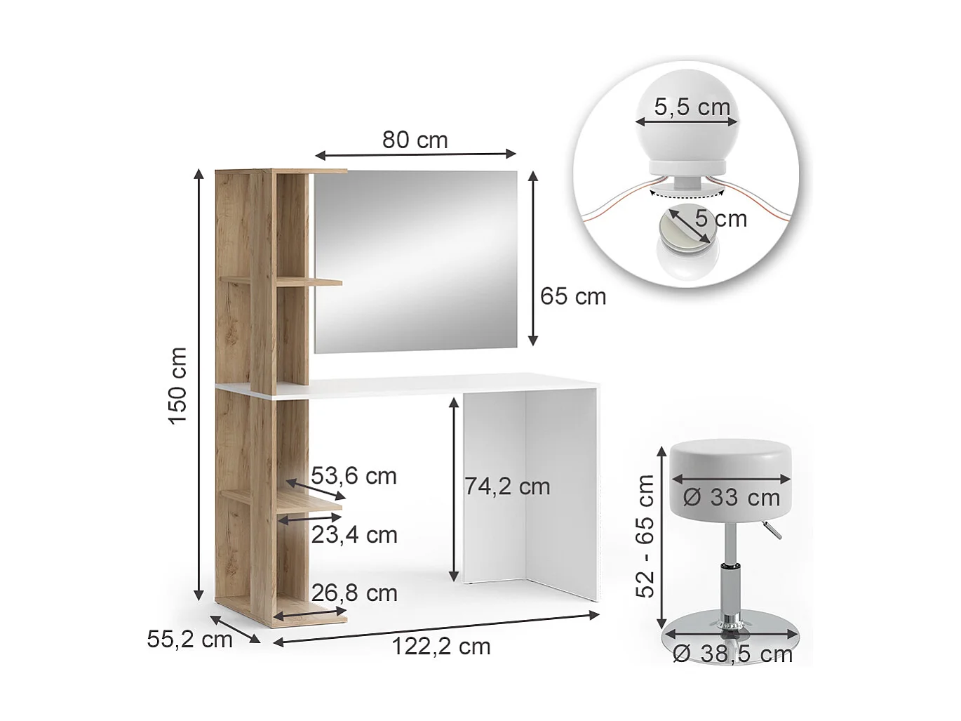 Schminktisch weiß/sonoma 122.2x55.2x75.8 tower