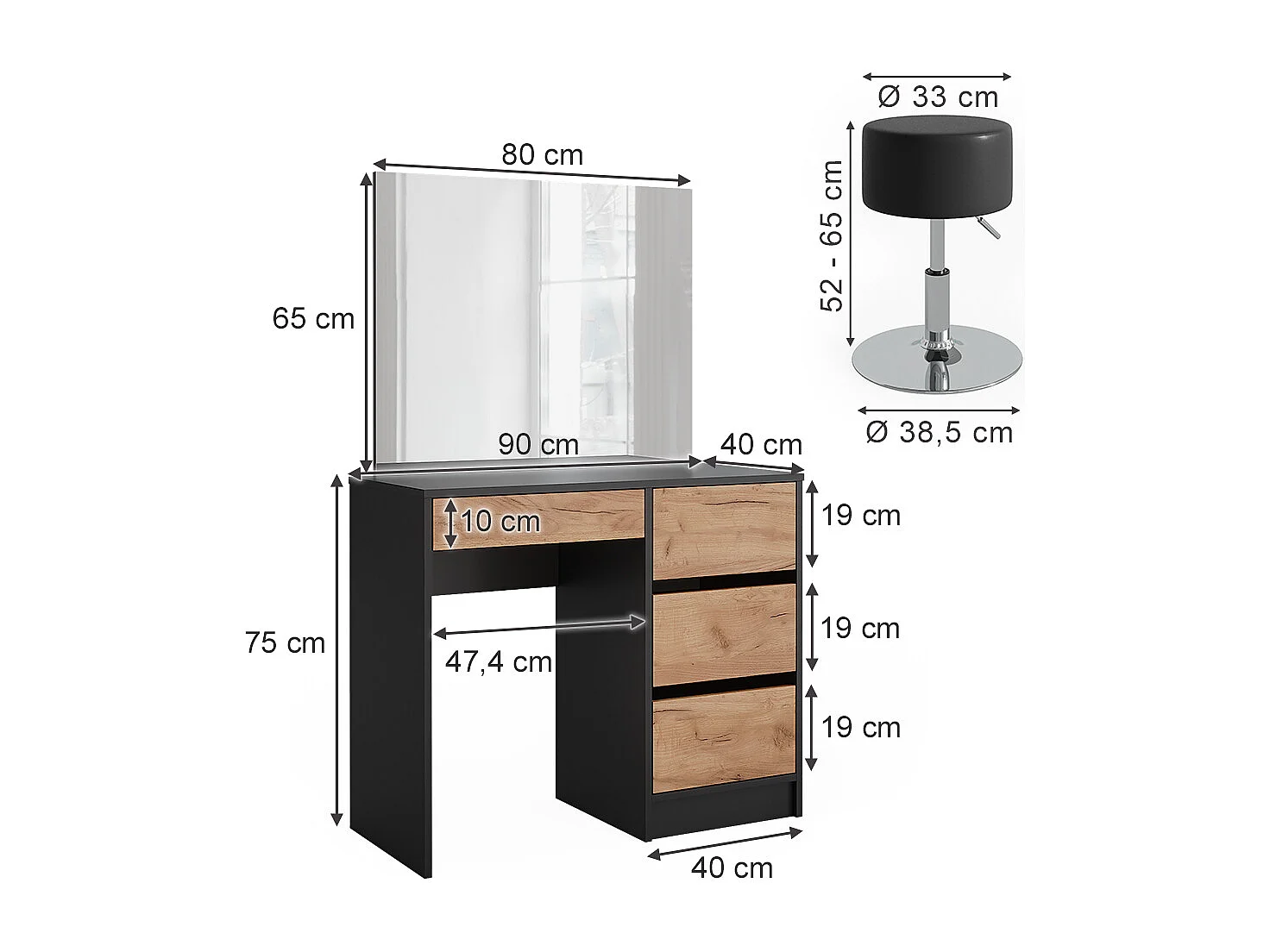 Tocador antracita/roble dorado 90x40x75 sherry