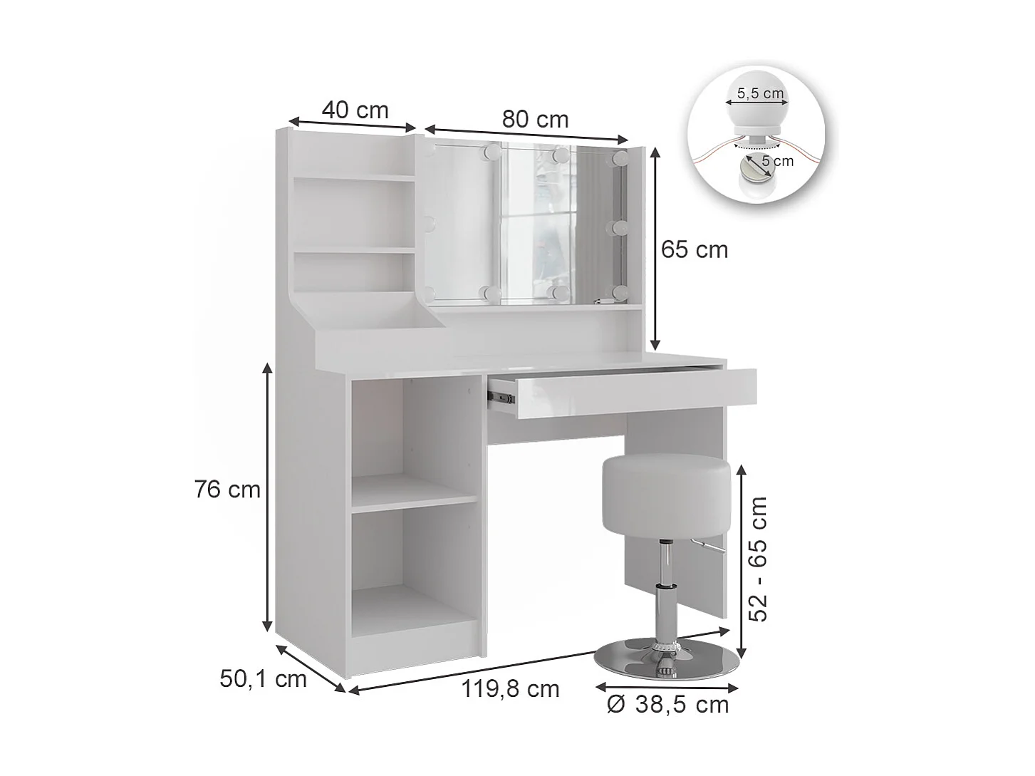 Coiffeuse blanc/blanc brillant 119.8x50.1x76 sherry