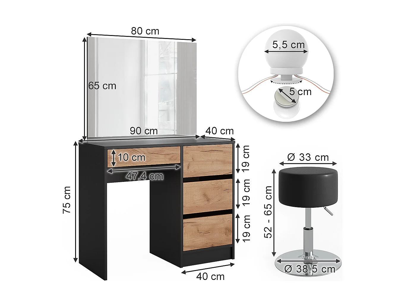 Tocador antracita/roble dorado 90x40x75 sherry