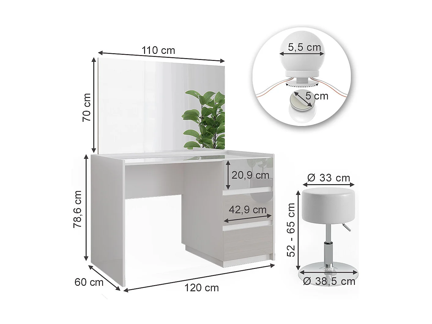 Coiffeuse blanc haute brillance 120x60x78.6 marla