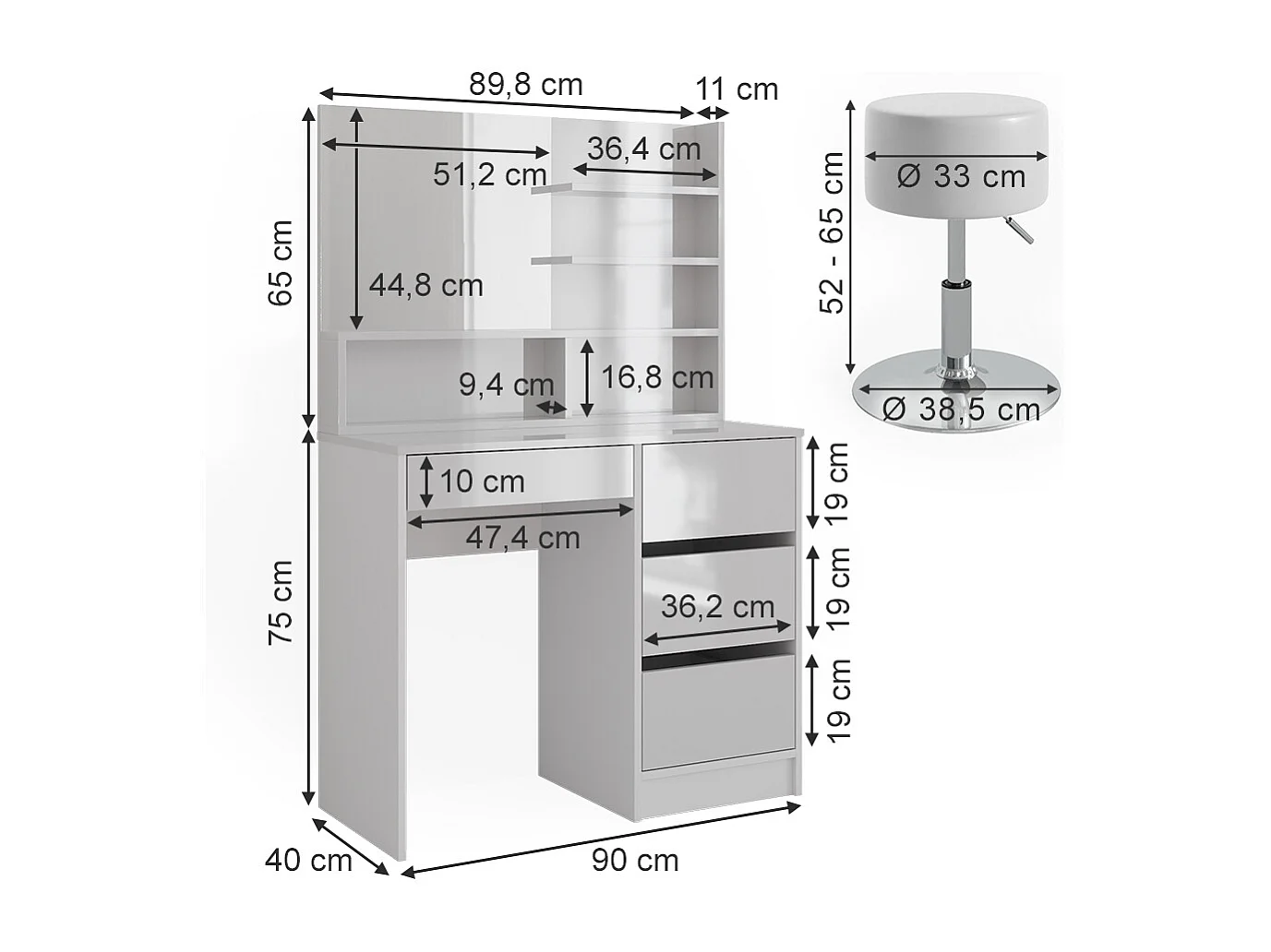 Schminktisch weiß 90x40x140 sherry
