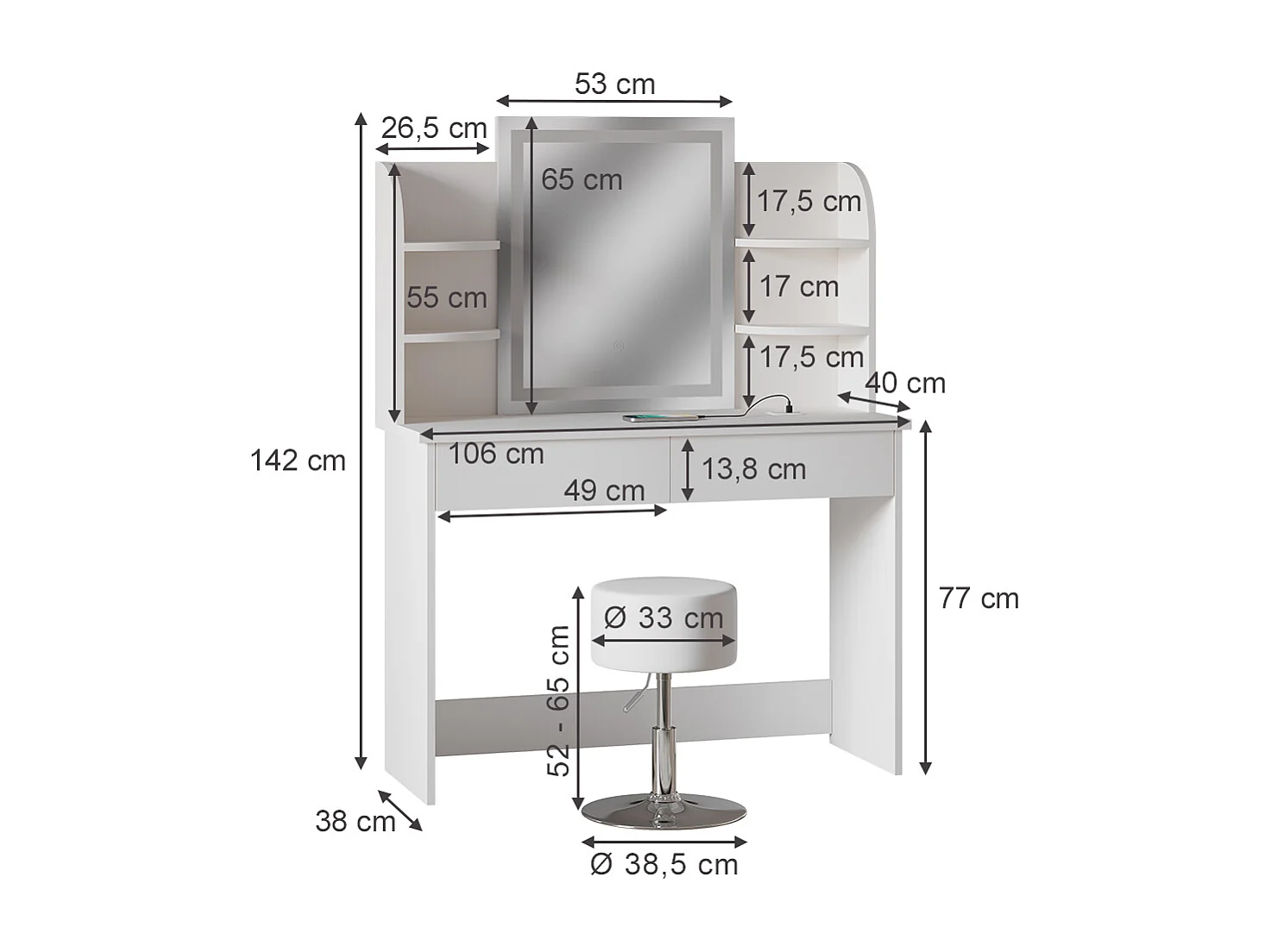 Schminktisch weiß 106x40x142 charlotte