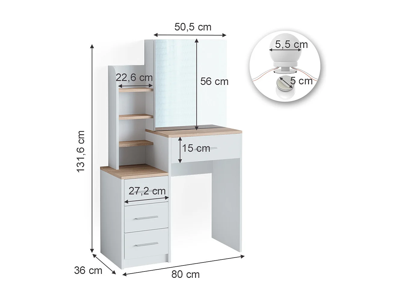 Vanity table white/sonoma 80x36x131.6 conrada