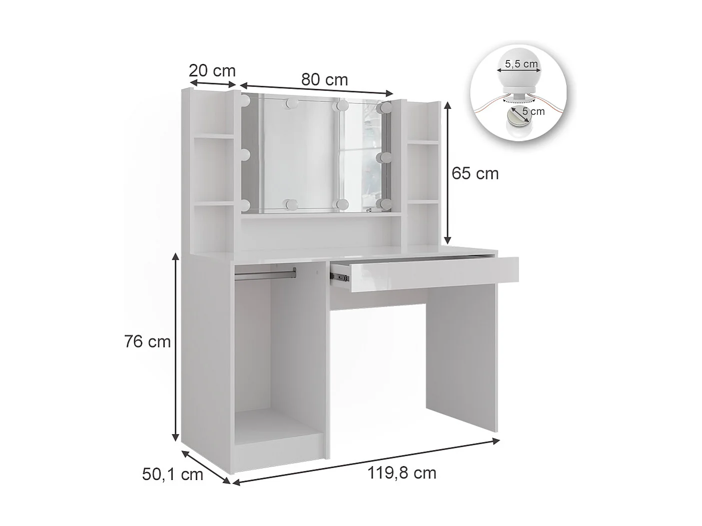 Schminktisch weiß/weiß hochglanz 119.8x50.1x76 sherry