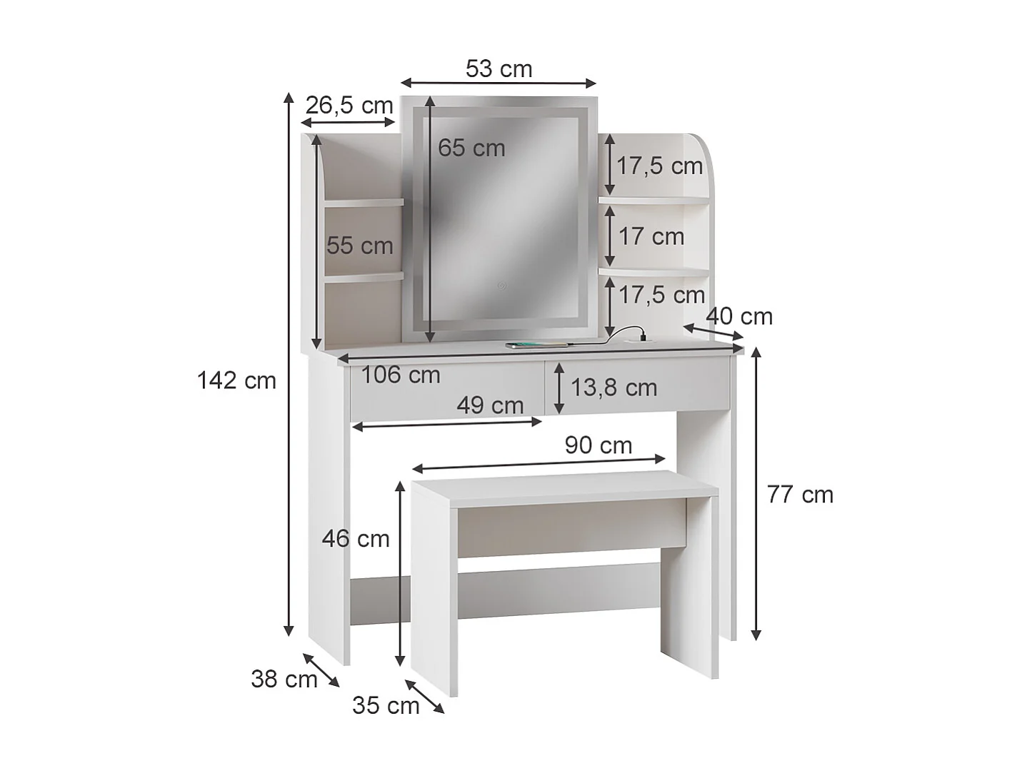Schminktisch weiß 106x40x142 charlotte