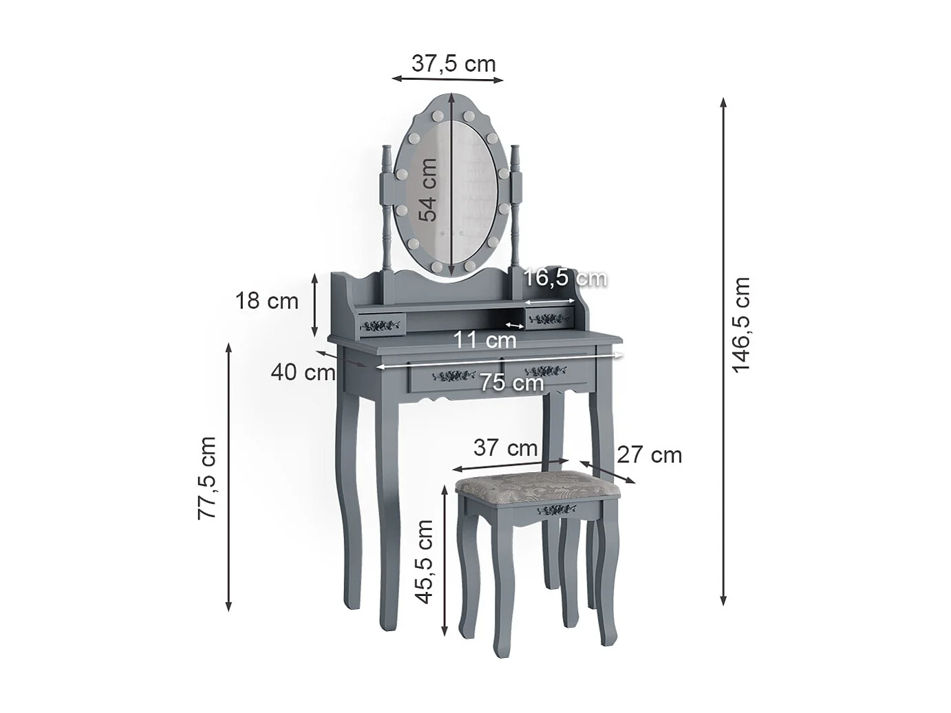 Coiffeuse gris 75x40x146.5 maggie