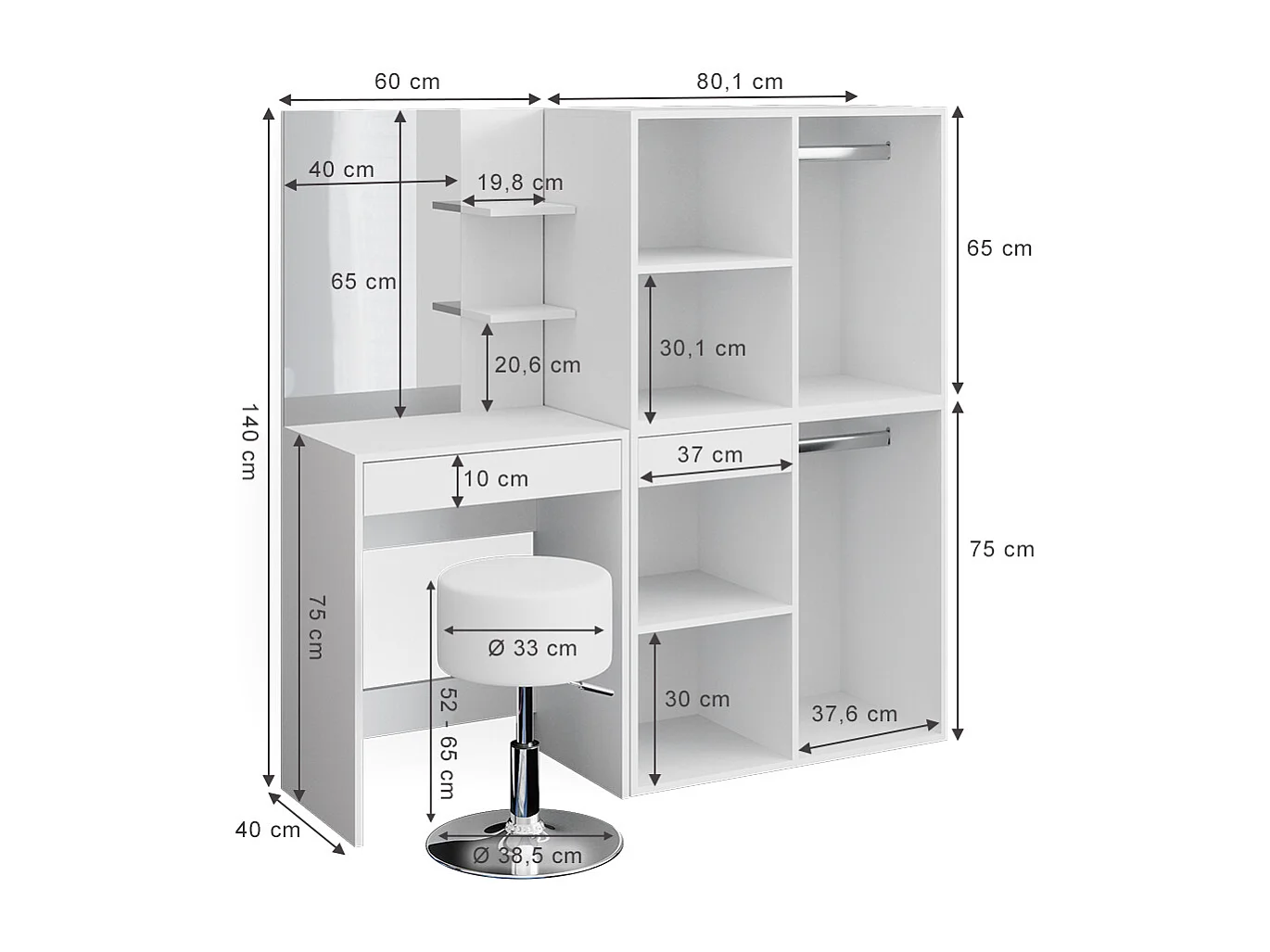Vanity table white 140x40x140 isabelle