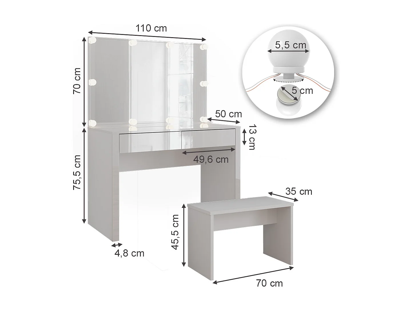 Dressing table white high gloss / white 110x50x75.5 annabelle