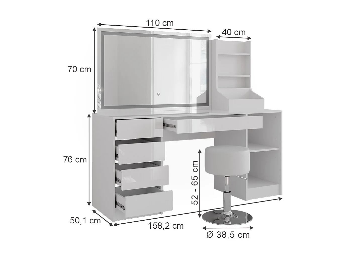 Vanity table white/white high gloss 158.2x50.1x76 sherry