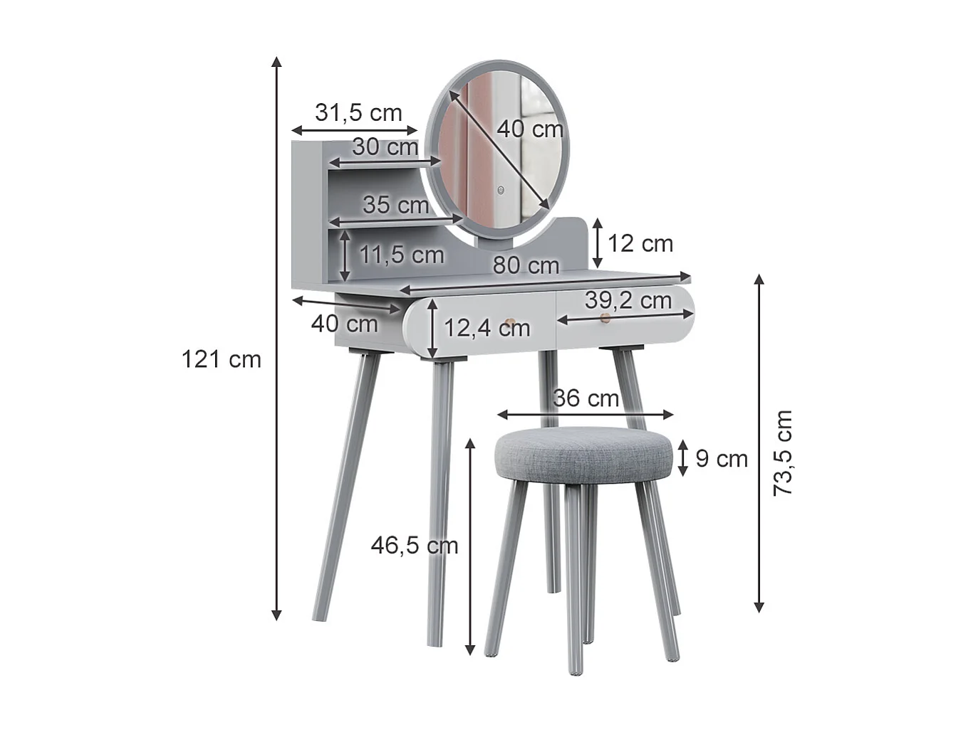 Dressing table grey 80x40x121 edda