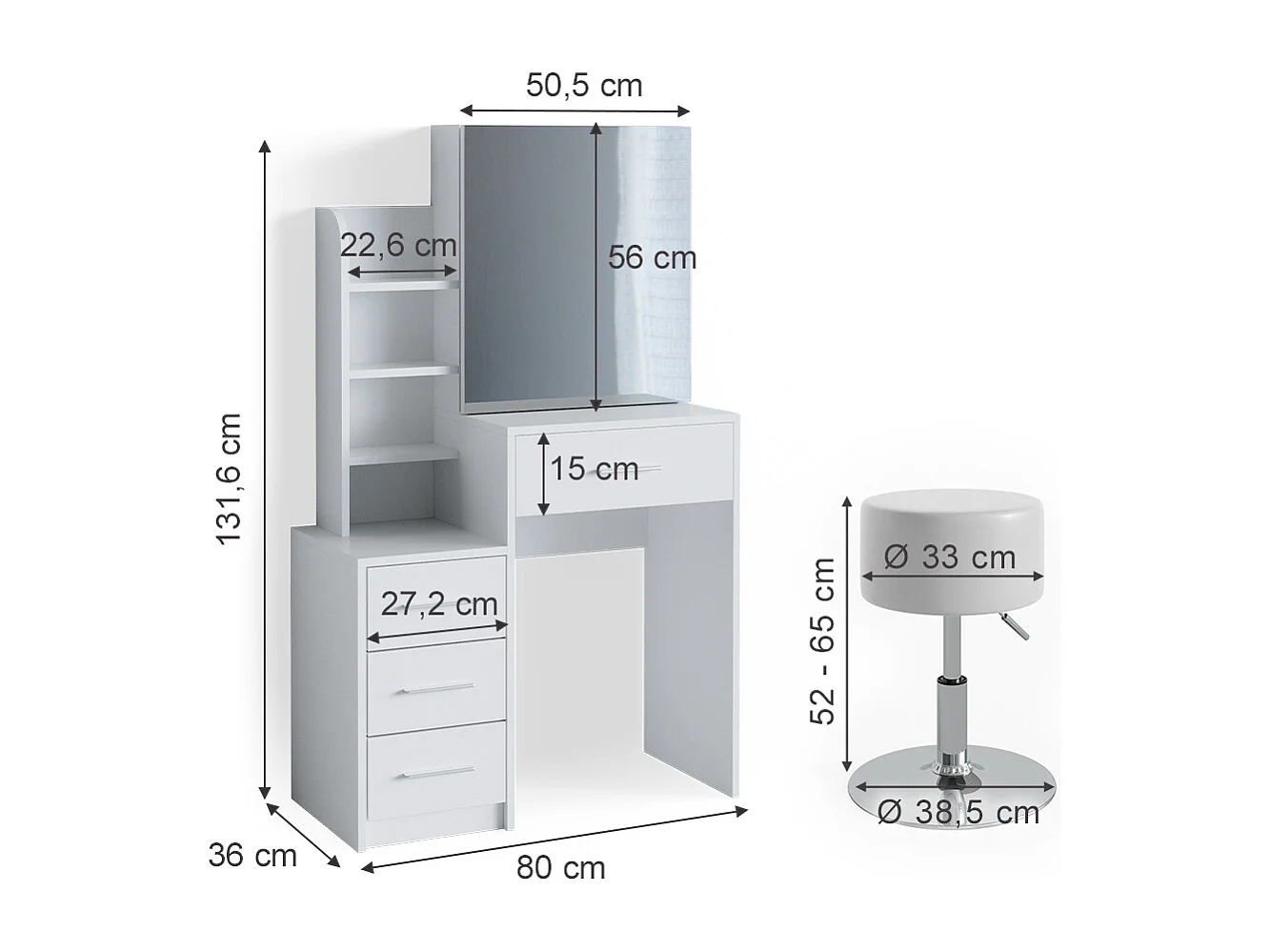 Makeupbord hvid 80x36x131.6 conrada