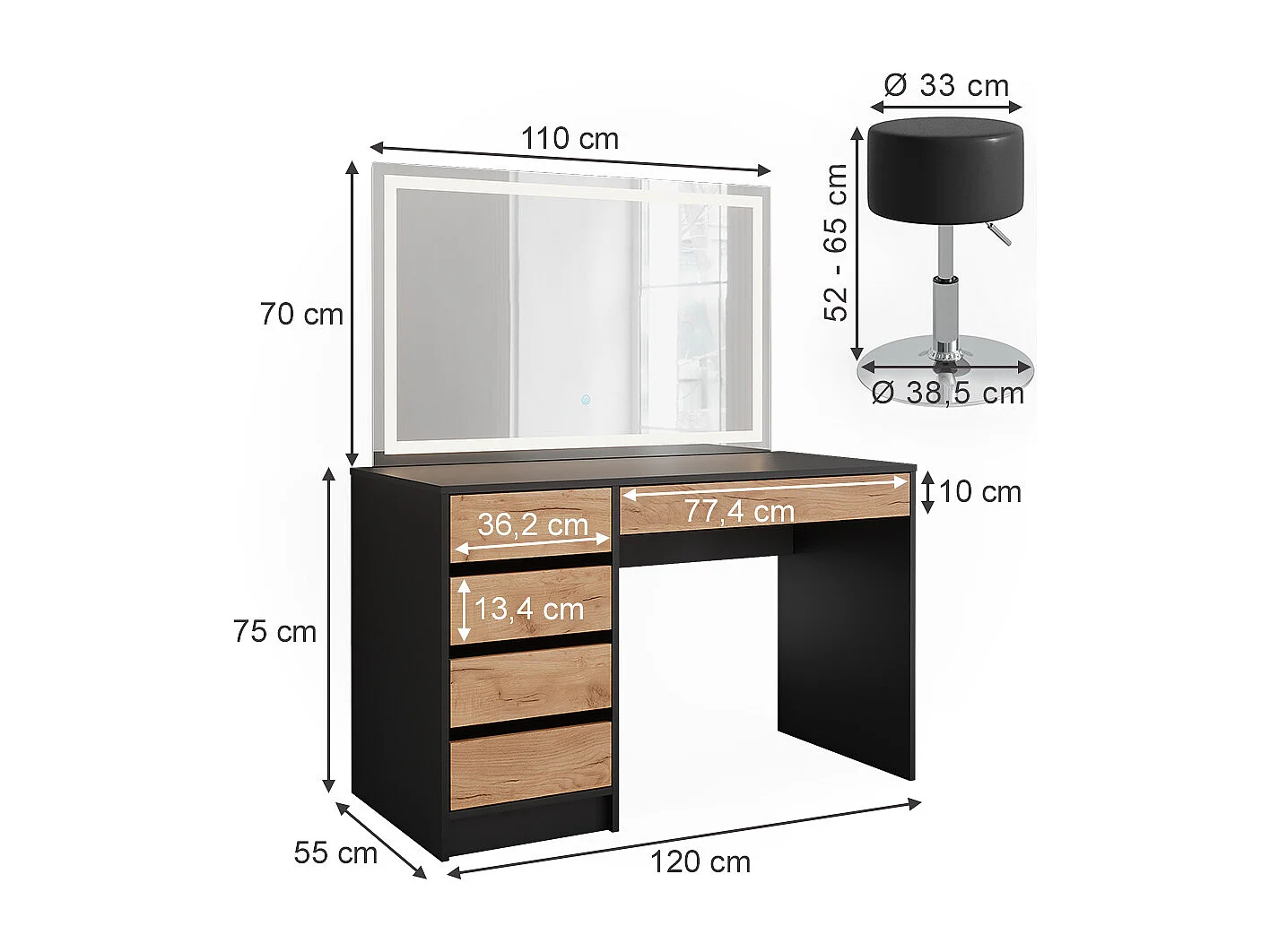 Coiffeuse anthracite/chêne doré 120x55x75 sherry