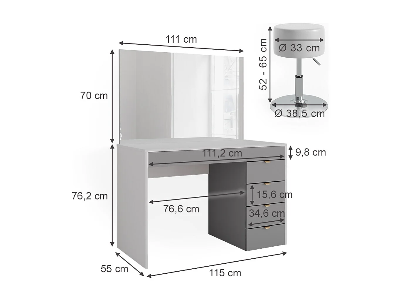 Vanity table white/grey/grey 115x55x76 elise