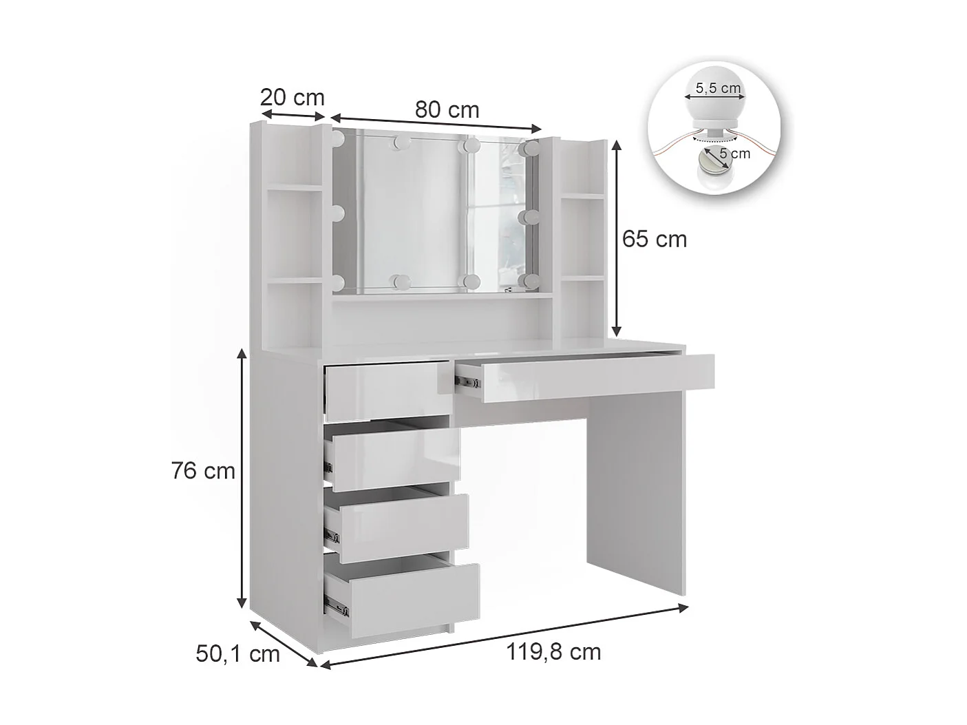 Vanity table white/white high gloss 119.8x50.1x76 sherry