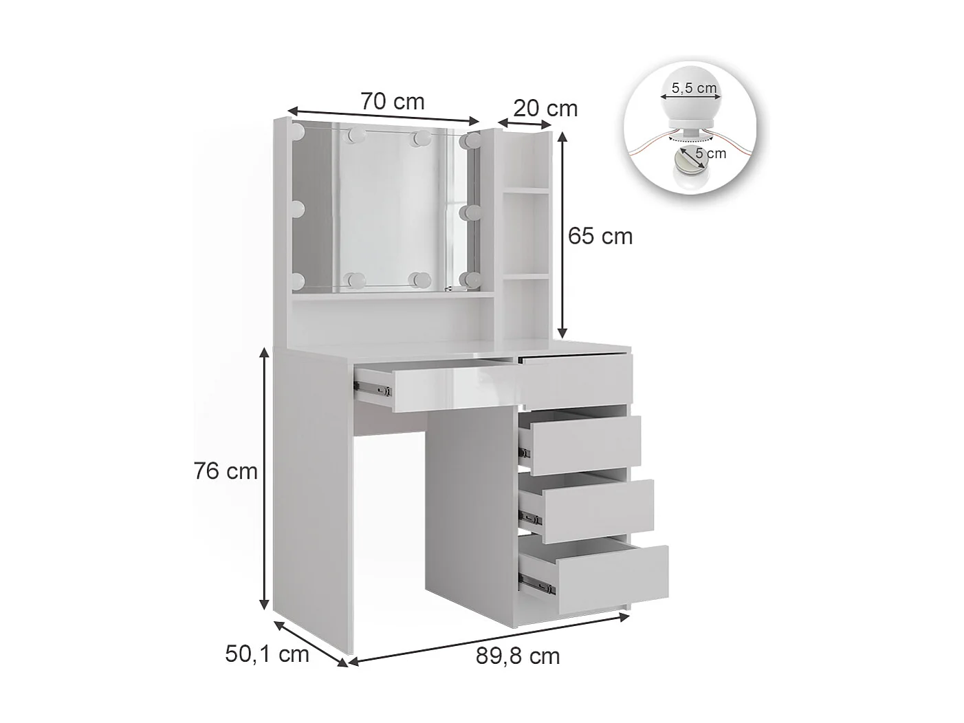 Schminktisch weiß/weiß hochglanz 89.8x50.1x76 sherry