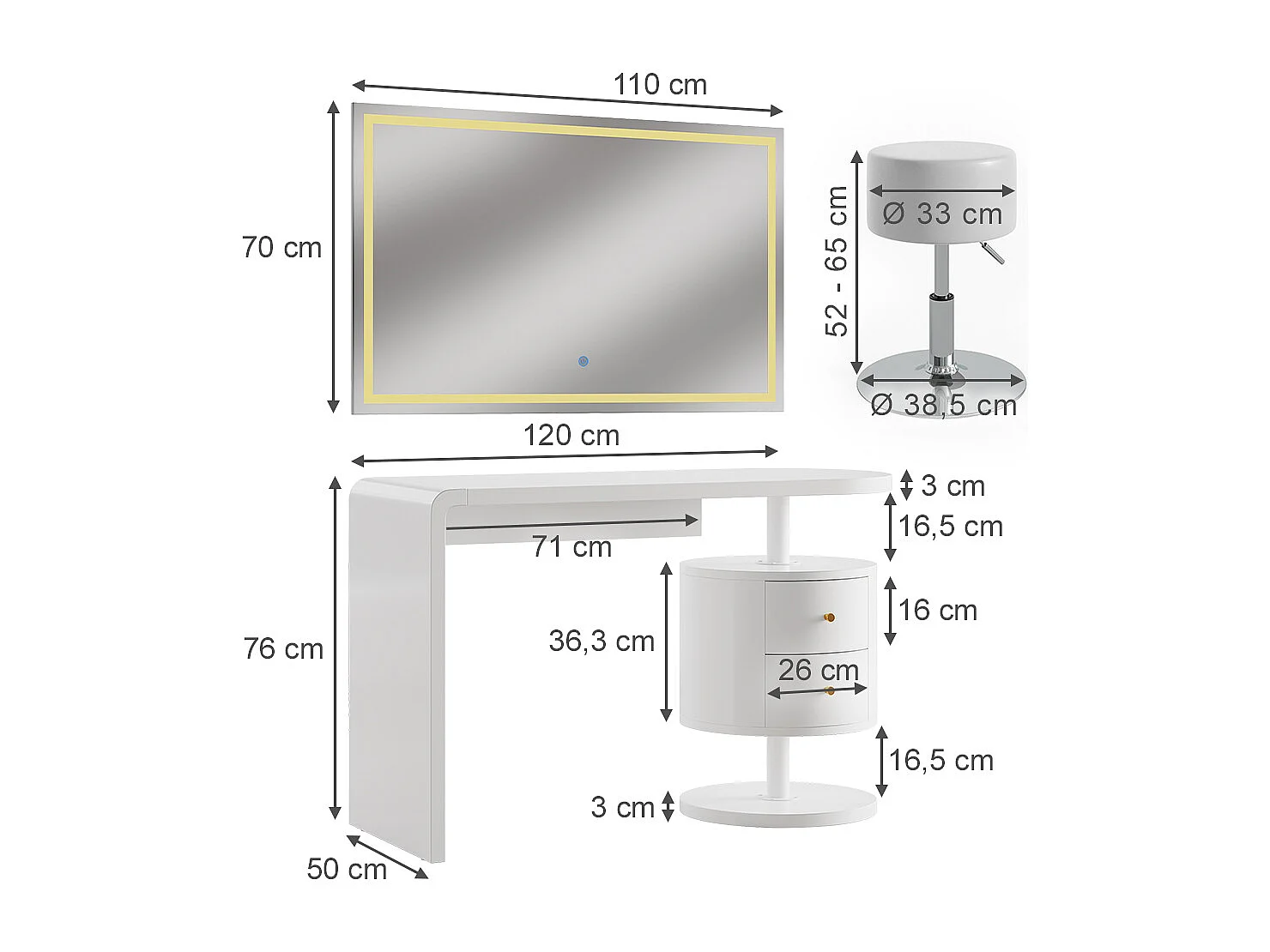 Kaptafel set met kruk wit 120x50x76 lara