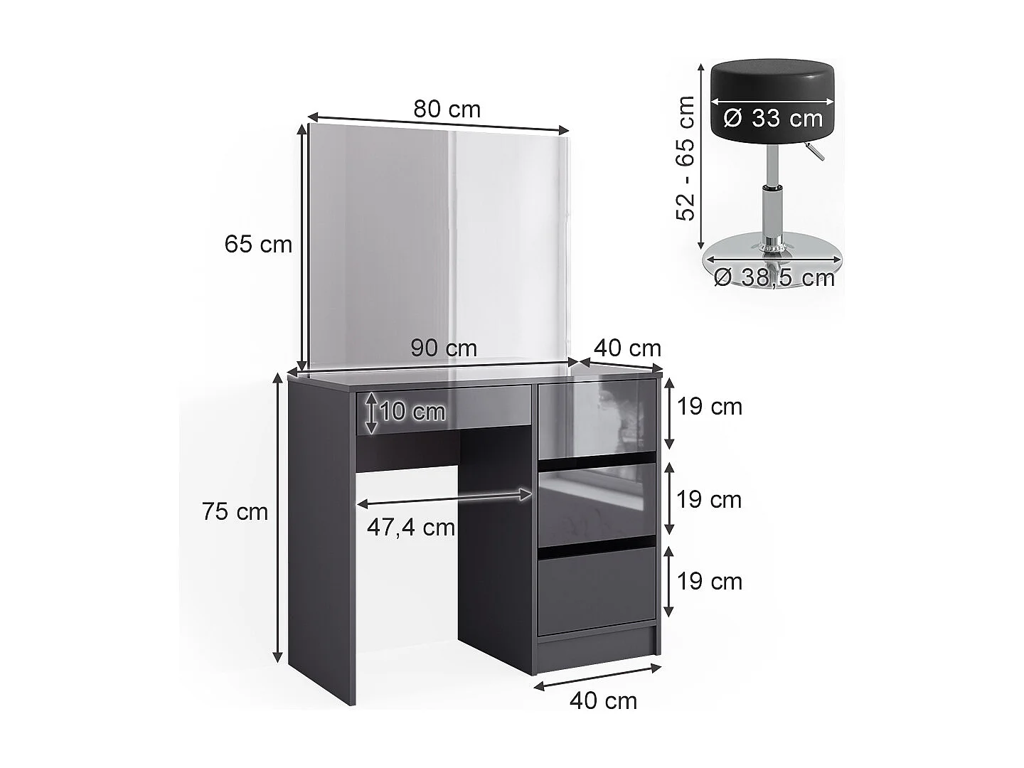 Coiffeuse anthracite haute brillance 90x40x75 sherry