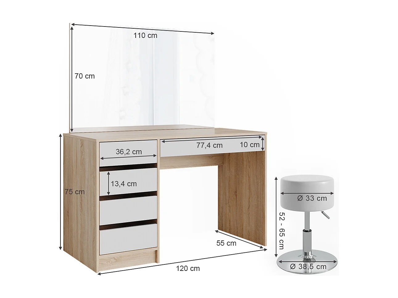 Vanity table white/sonoma 120x55x75 sherry