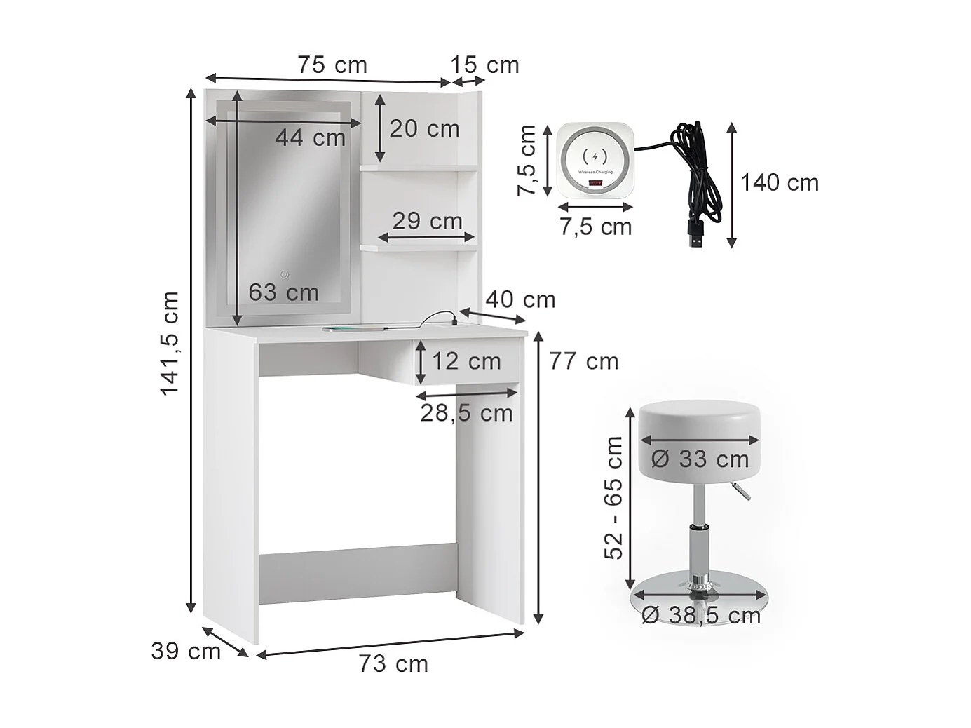 Coiffeuse blanc 75x40x141.5 dekos